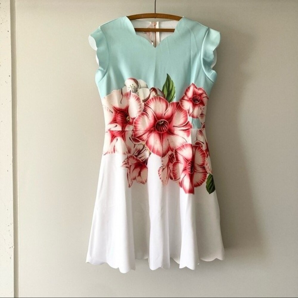 Ted Baker Aqua Bodice White Floral Midi Dress with Pink Flowers - Picture 6 of 12